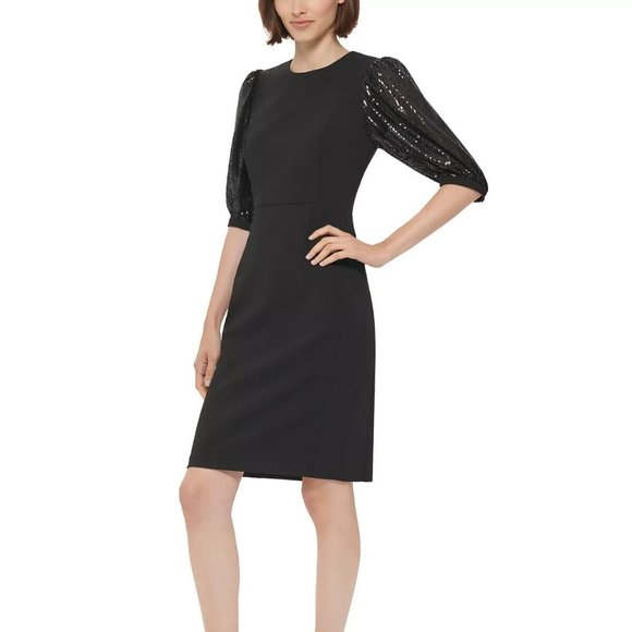 CALVIN KLEIN Sequined Puff-Sleeve Sheath Dress Black Size 2 - Picture 3 of 5